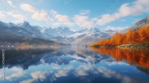 a body of water surrounded by mountains with trees in the foreground and a blue sky with clouds in the background. © Olga
