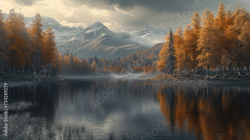a painting of a lake surrounded by trees with a mountain range in the background and clouds in the sky above.