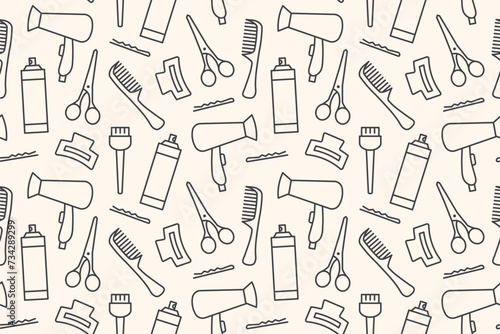 seamless hairdressing tools pattern: hair dryer, hair spray, clipper, comb, scissors, clip and bobby pins- vector illustration