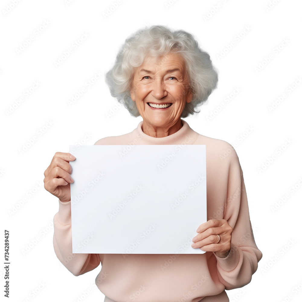 An elderly person smiles while holding a piece of blank paper reserved for a message. no background. .PNG An elderly person smiles while holding a piece of blank paper reserved for a message. no background. .PNG