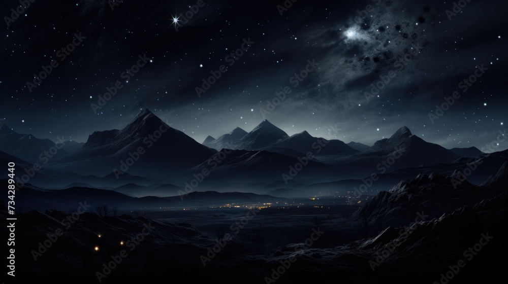 a view of a mountain range at night with stars in the sky and a full moon in the night sky.