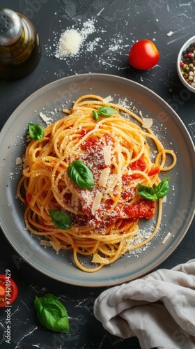 A delicious plate of classic Italian spaghetti pasta topped with tomato sauce and generous shavings of parmesan cheese.