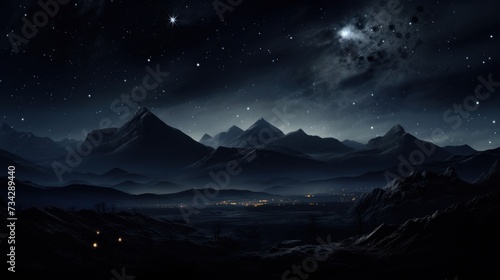 a view of a mountain range at night with stars in the sky and a full moon in the night sky. © Olga