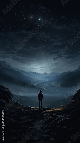 Wallpaper Mural a man standing in the middle of a mountain under a night sky with stars and the moon in the distance. Torontodigital.ca