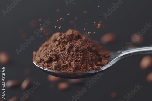 Unsweetened dark chocolate cacao powder in the spoon photo