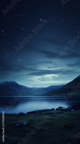a large body of water surrounded by mountains under a night sky with stars and a full moon in the sky.