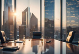 Business Büro Konferenzraum mit Tisch und Stühlen Blick aus einem hohen Gebäude auf die Silhouette einer großstadt mit Bürotürmen und Wolkenkratzern 