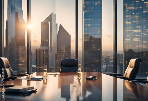 Business Büro Konferenzraum mit Tisch und Stühlen Blick aus einem hohen Gebäude auf die Silhouette einer großstadt mit Bürotürmen und Wolkenkratzern  