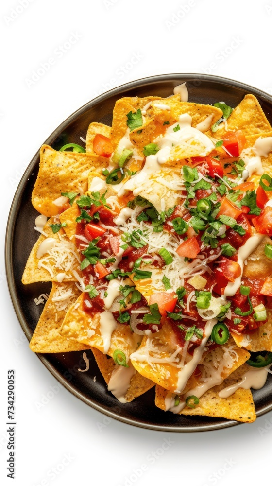 A photo of a black plate filled with nachos chips covered in a generous serving of cheese sauce. A photo of a black plate filled with nachos chips covered in a generous serving of cheese sauce.