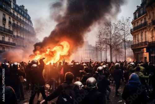 Paris demonstration chaos. Street crowd. Generate Ai photo