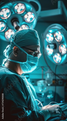A focused surgical professional in scrubs is performing a medical operation in an operating room.