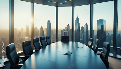 Business Büro Konferenzraum mit Tisch und Stühlen Blick aus einem hohen Gebäude auf die Silhouette einer großstadt mit Bürotürmen und Wolkenkratzern   photo