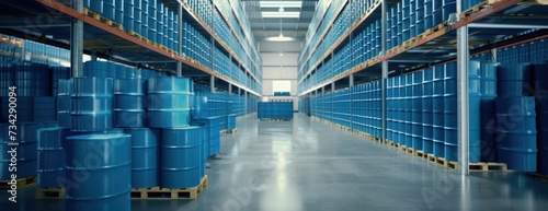 A vast warehouse packed with numerous blue barrels filled with liquid che on pallets.