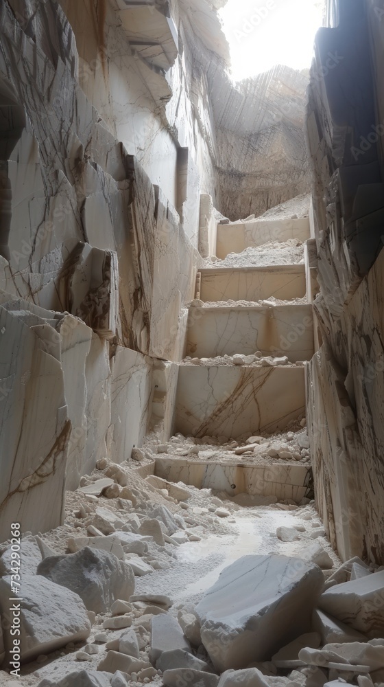 A photograph capturing a stone staircase leading up to a cave within a vast open-air marble quarry.