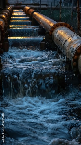 A picture of a large pipe releasing water from an oil and gas power plant.