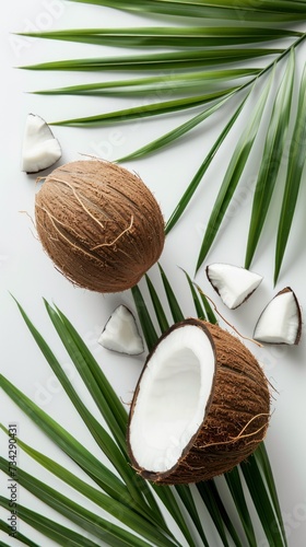 A photo showcasing a whole and cut-in-half fresh coconut placed on a white surface, accompanied by two palm leaves.