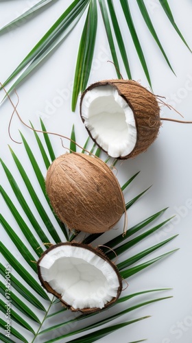 Fresh coconut whole and cut in half, displayed on a white background, accompanied by a palm leaf.