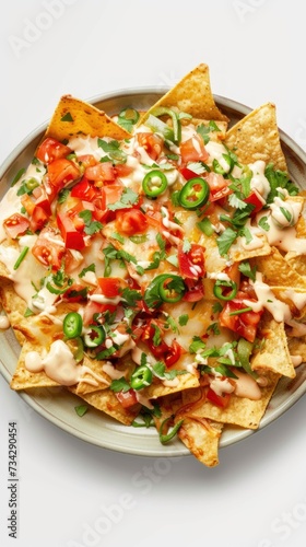 A plate filled with nacho chips topped with tomatoes, peppers, and melted cheese sauce.