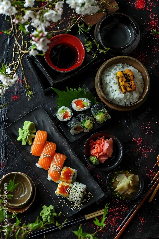 a black table topped with sushi and chopsticks a black table topped with sushi and chopsticks