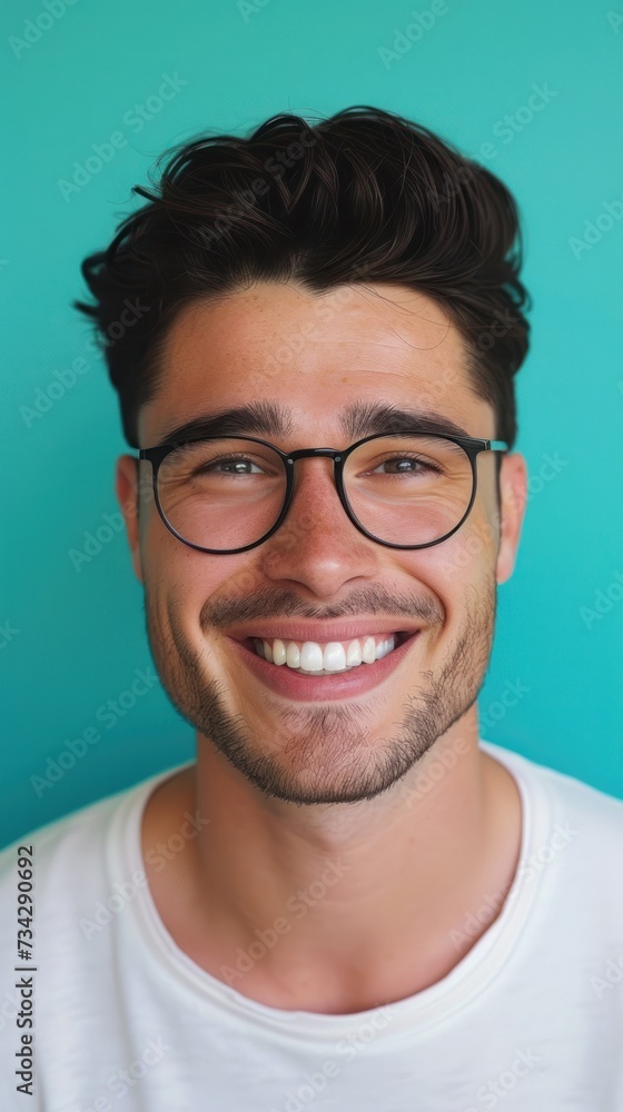 A portrait of a young man wearing glasses smiling for the camera. A portrait of a young man wearing glasses smiling for the camera.