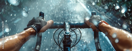 Close-up of a cyclist riding a bike in the rain, with a focus on the handlebars and hands gripping them. photo