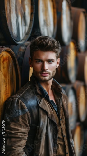 A confident and attractive young man stands confidently in front of a collection of barrels. © FryArt Studio