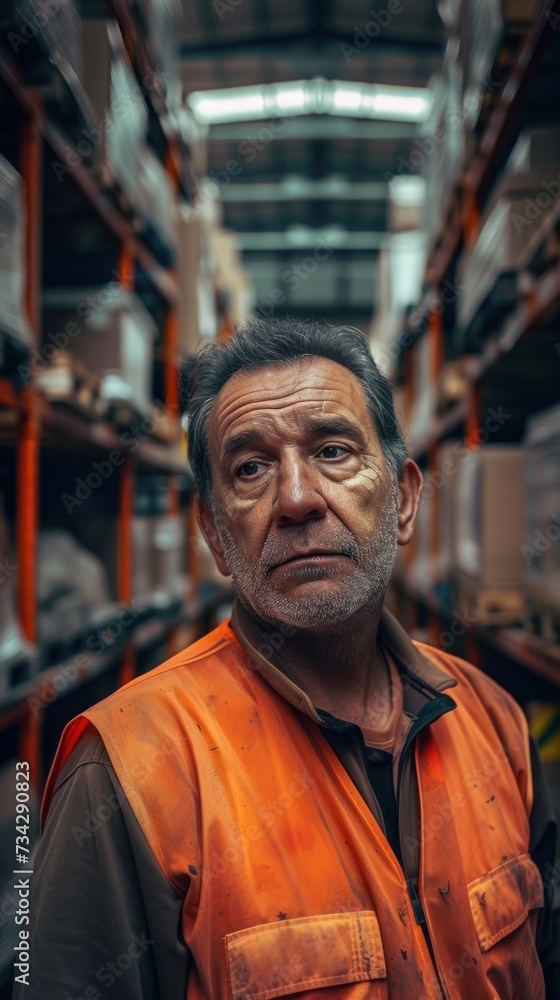 A tired man wearing an orange vest stands in a warehouse, reflecting the demanding nature of his work.