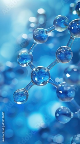 This photo captures a detailed view of water droplets on a blue background, highlighting the molecular structure.