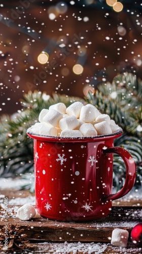 A festive red cup filled with marshmallows sits atop a sturdy wooden table.
