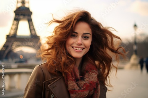 Radiant Paris smiling woman. Elegant model. Generate AI
