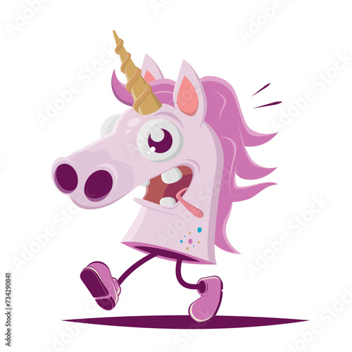 funny cartoon illustration of an ugly walking unicorn head