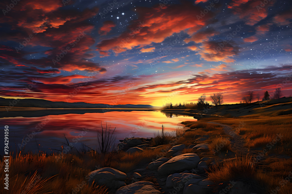 Radiant Colors of Shoreline Evening: A Breathtaking View of Twilight Sky and Serene Landscape