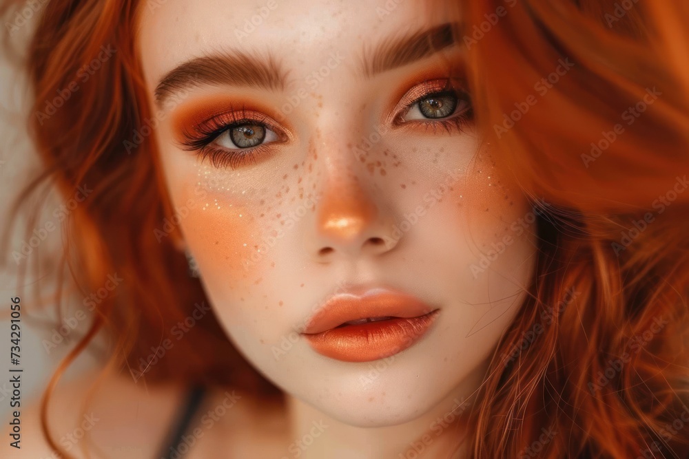 A clear and detailed close up of a womans face revealing the distinct freckles present on her skin.