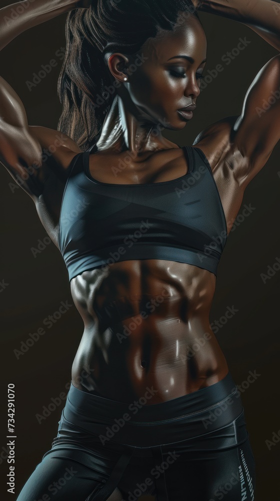 An artwork featuring a realistic portrayal of a woman wearing a sports bra top, highlighting her well-defined abs muscles. An artwork featuring a realistic portrayal of a woman wearing a sports bra top, highlighting her well-defined abs muscles.