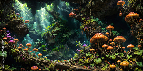 Mushrooms and fungi in a tropical jungle cave. © Marius Faust