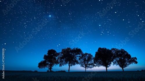 Night dark blue sky with many stars over the field of trees generative ai