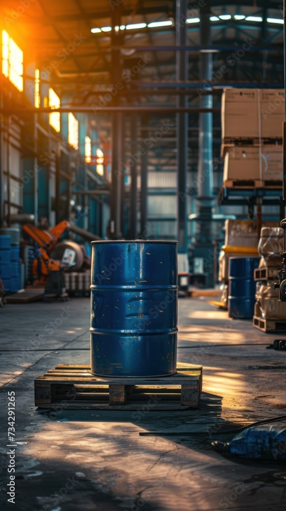A photograph of a large blue barrel resting on top of a pallet, containing liquid che. A photograph of a large blue barrel resting on top of a pallet, containing liquid che.