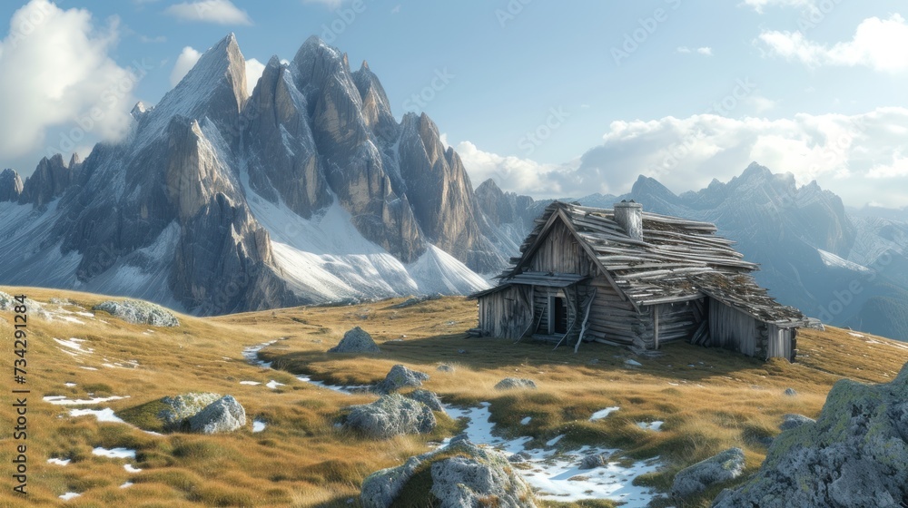 a house in the middle of a mountain with a mountain range in the background and a snow - capped mountain range in the foreground.