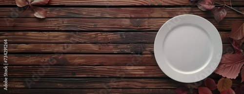 A white plate is placed on top of a wooden table with a beautiful autumn background.