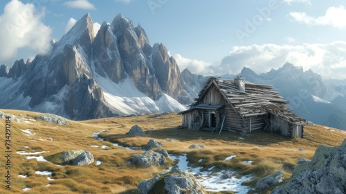 a house in the middle of a mountain with a mountain range in the background and a snow - capped mountain range in the foreground. photo