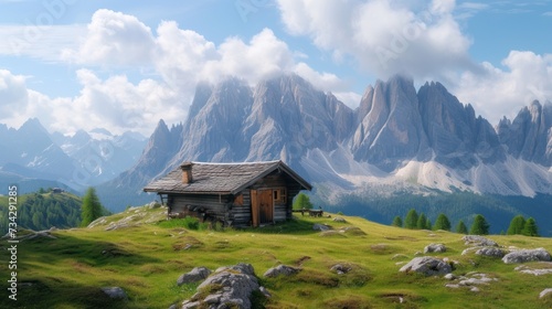 a painting of a small cabin on a grassy hill with mountains in the background and clouds in the sky above. photo