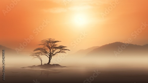 a lone tree sitting on a small island in the middle of a body of water with mountains in the background.