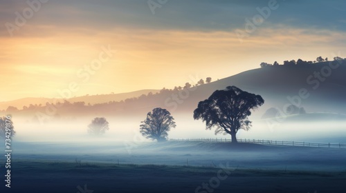 a foggy landscape with trees in the foreground and a fence in the foreground in the foreground.