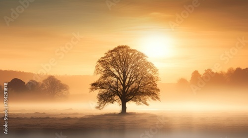 a lone tree in a foggy field with the sun shining through the trees and the sky in the background.