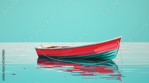 a red and green boat floating on top of a body of water next to a blue sky and a light blue sky. photo