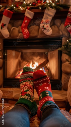 A person wearing festive Christmas socks sits in front of a warm fireplace. © FryArt