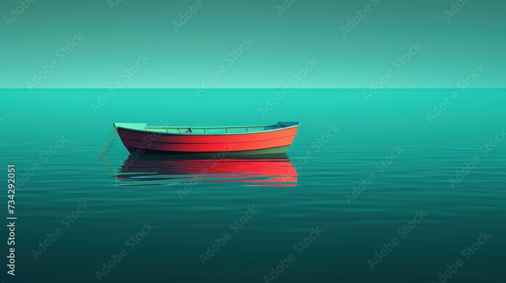 a red boat floating on top of a body of water next to a green and teal colored wallpaper.