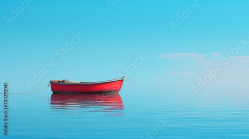 a red boat floating on top of a body of water next to a boat on top of a body of water.