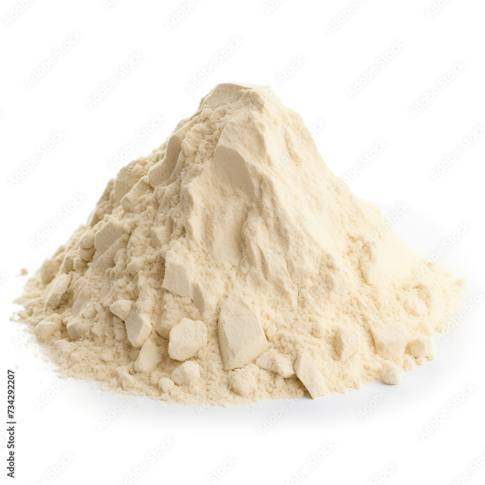 close up pile of finely dry organic fresh raw guar gum powder isolated on white background. bright colored heaps of herbal, spice or seasoning recipes clipping path. selective focus