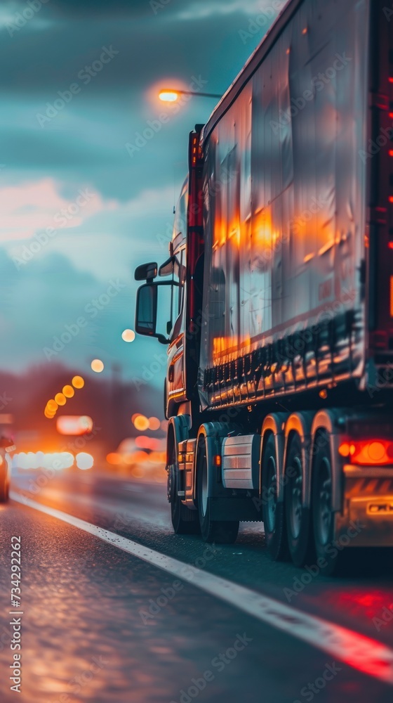 Fototapeta premium A close-up of a cargo truck driving down a wet highway.